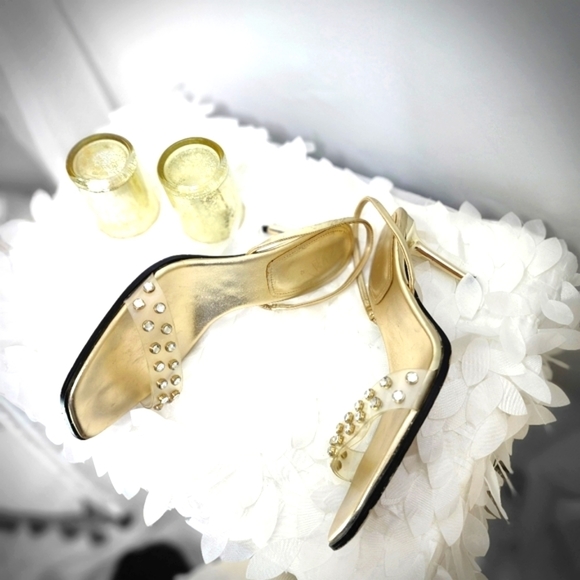 Zara shoes gold metallic kitten slingback heels  clear embellished vamp size 9 - Picture 7 of 11